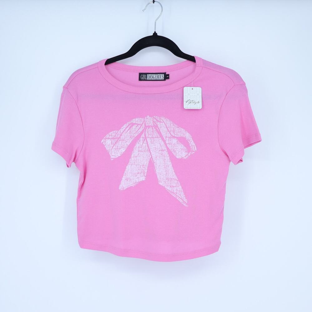 FP Girl Dangerous Bow Crop Tee Pink NWT Short Sleeve Casual Women's S